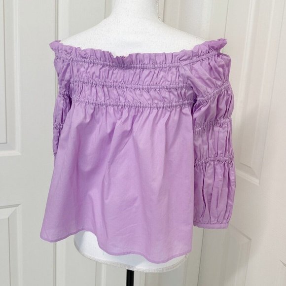 Vince Camuto Cotton Smocked Off The Shoulder Shirt Pullover Top Soft Iris XS - Picture 3 of 5
